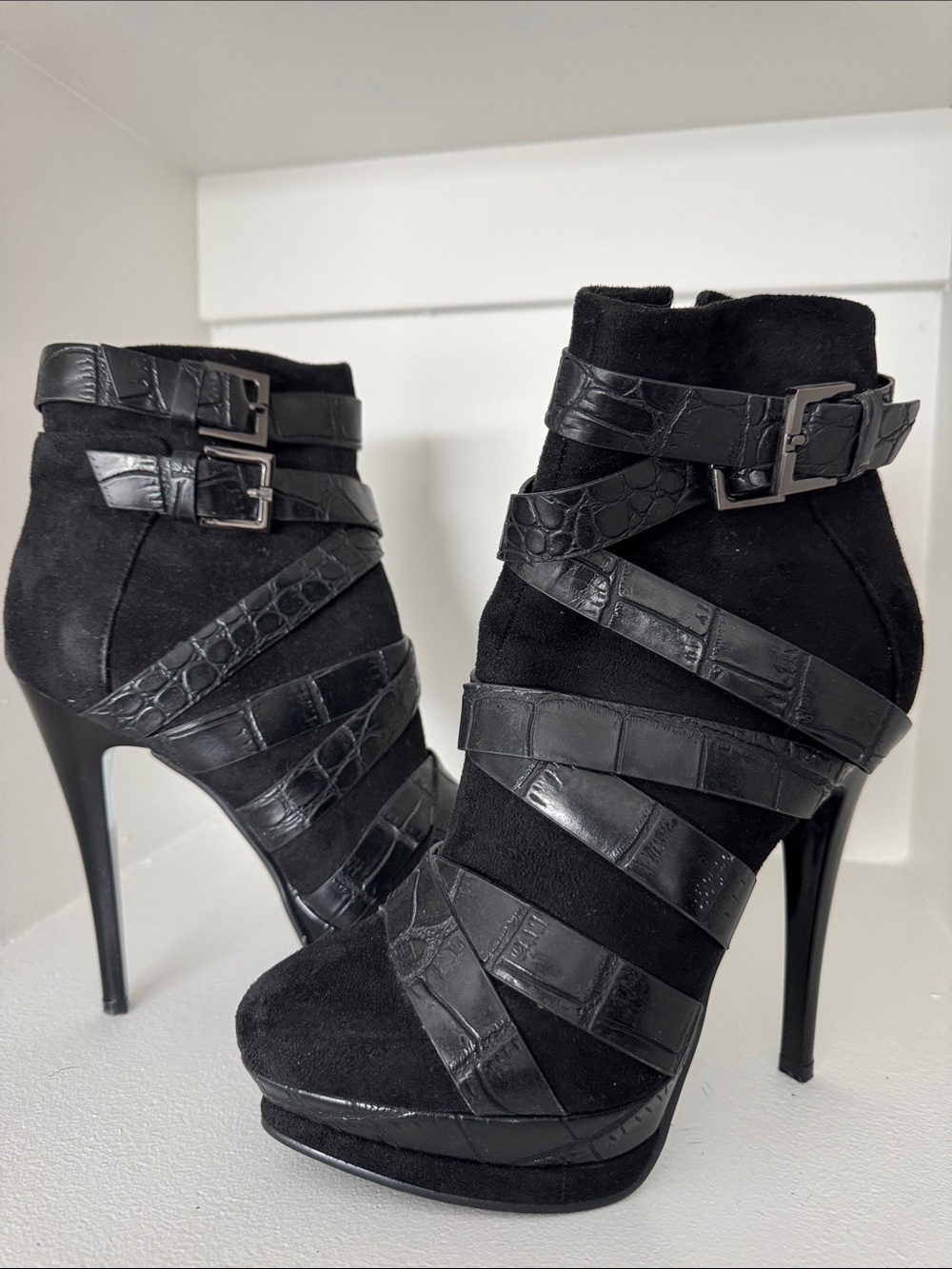 NEW Black Strappy High-Heel Ankle Boots - Women's
